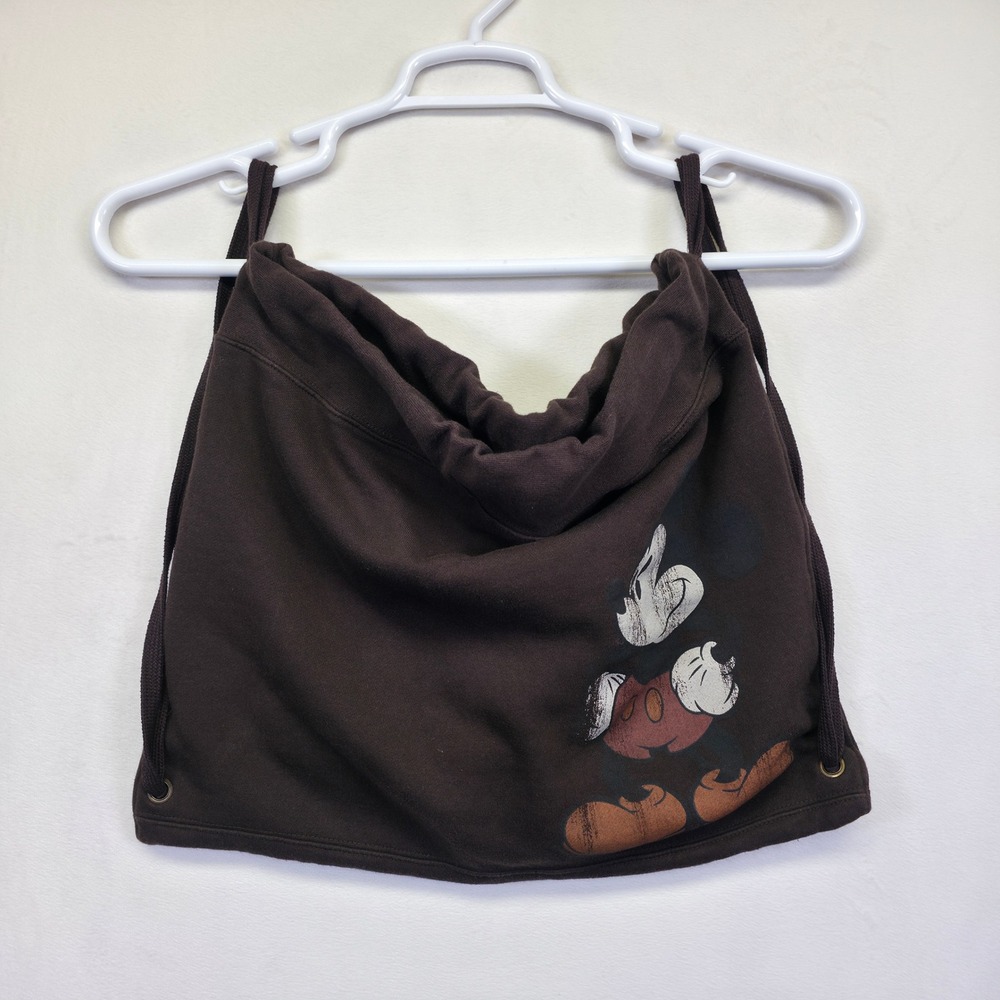 Mickey Mouse‎ Drawstring Backpack Brown Walt Disney Fleece Lined Cartoon Vintage